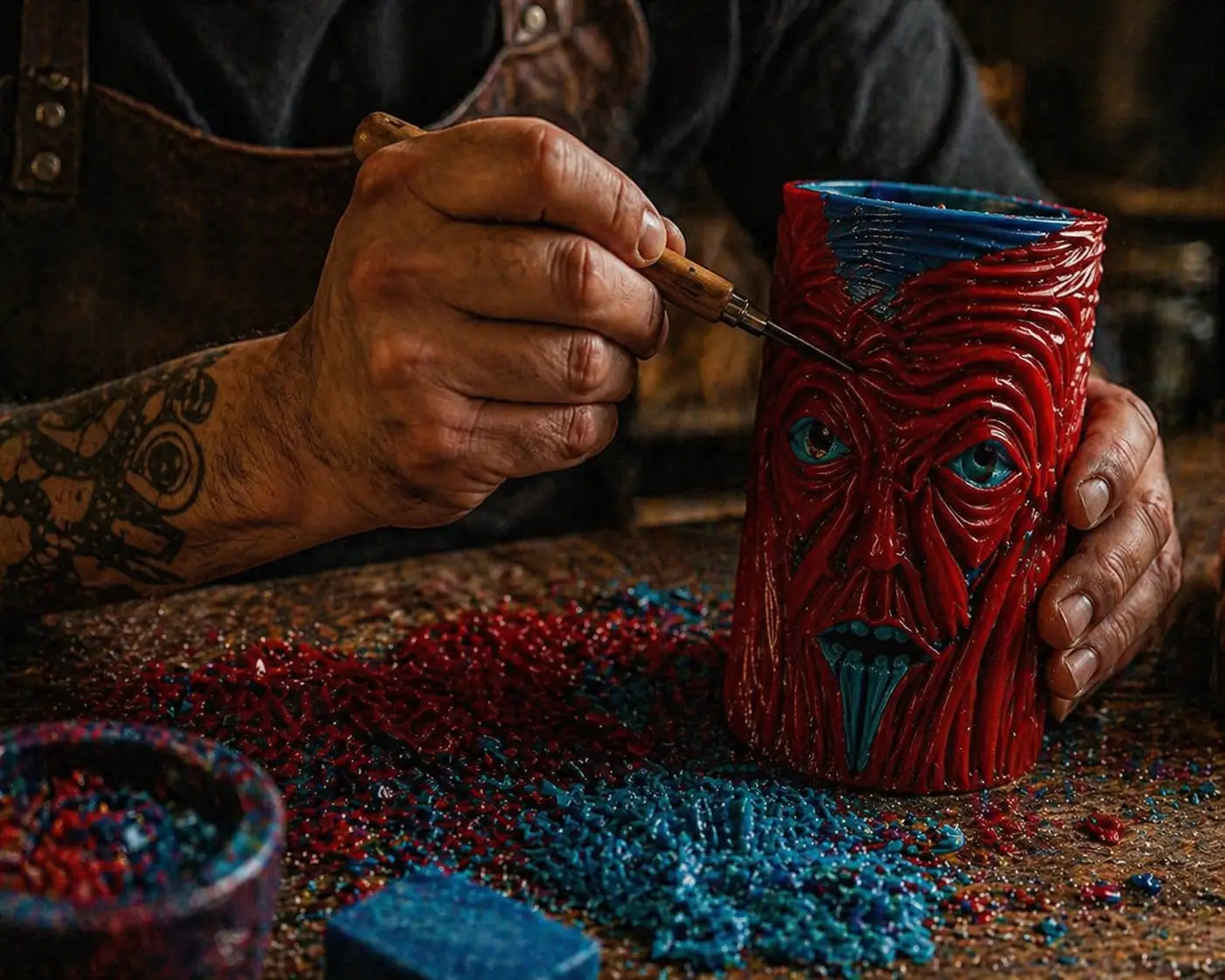 Arian Karami sculpting a candle by hand with a carving tool in his Vancouver studio