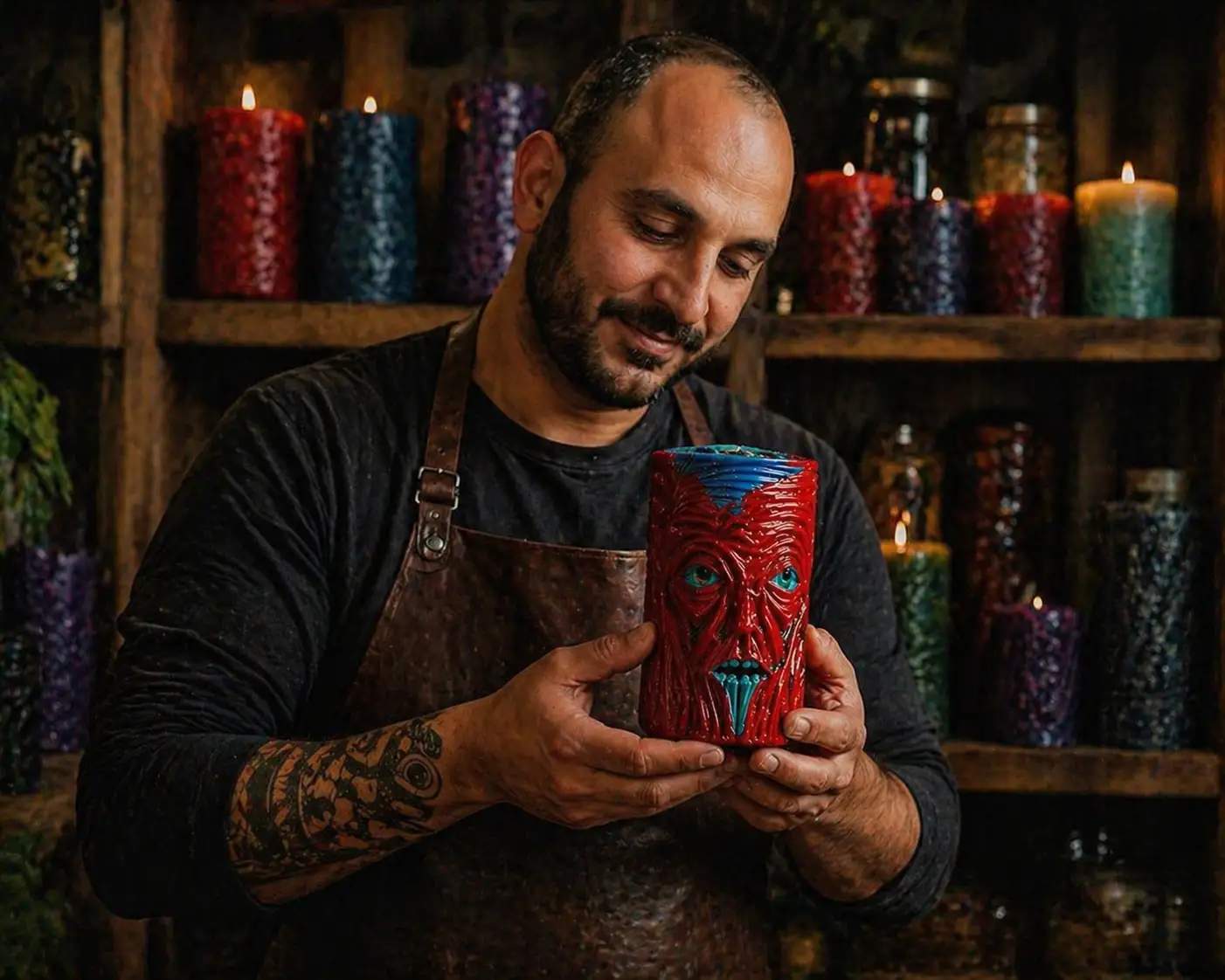 Arian Karami holding a finished hand-sculpted candle in his Vancouver studio surrounded by candles