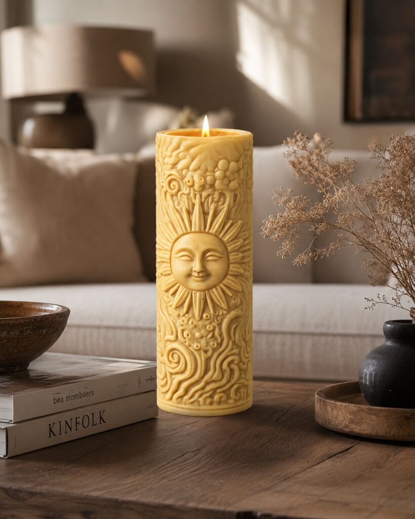 Helios sculptural candle burning with an even flame