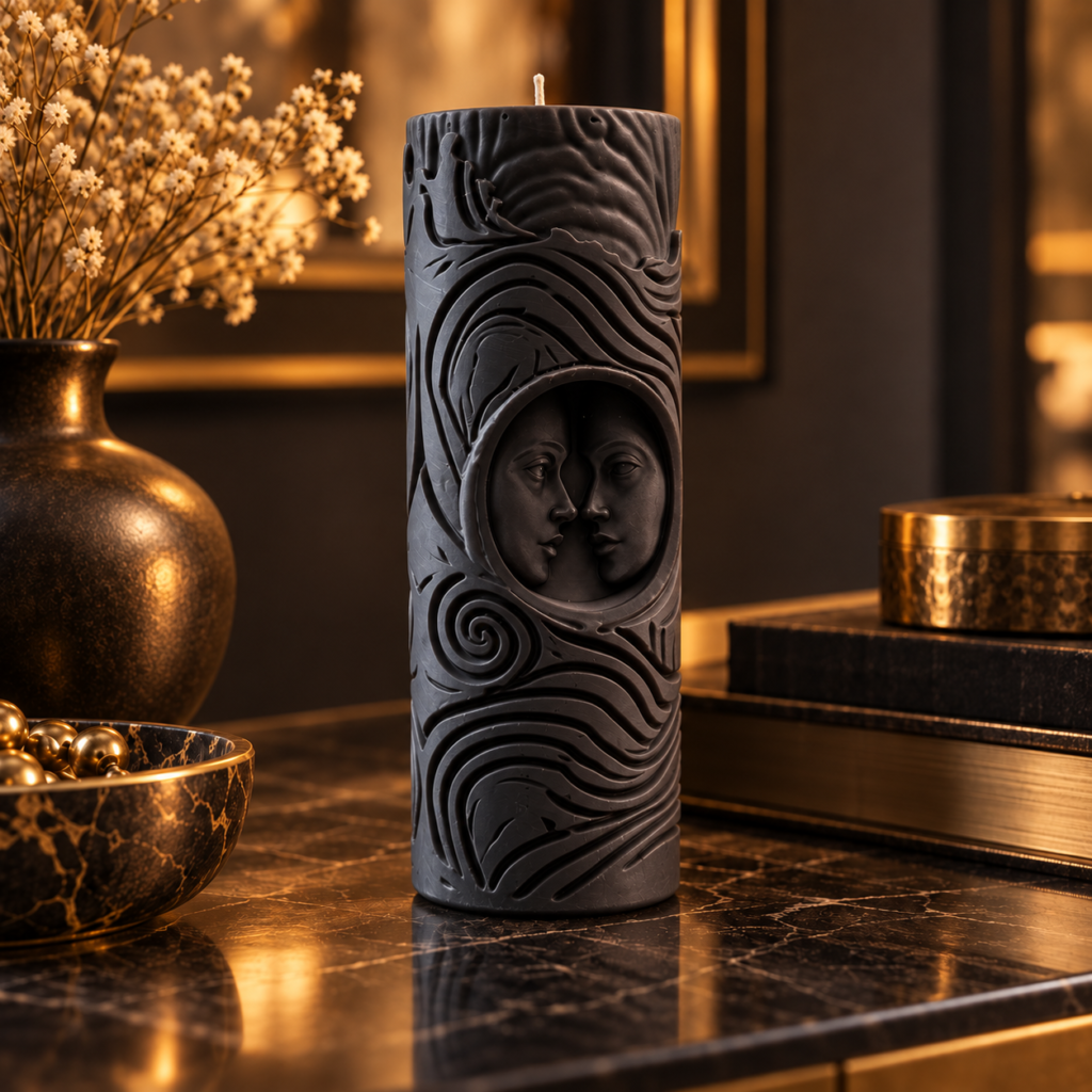 Nyx sculptural candle in obsidian black styled on a sideboard