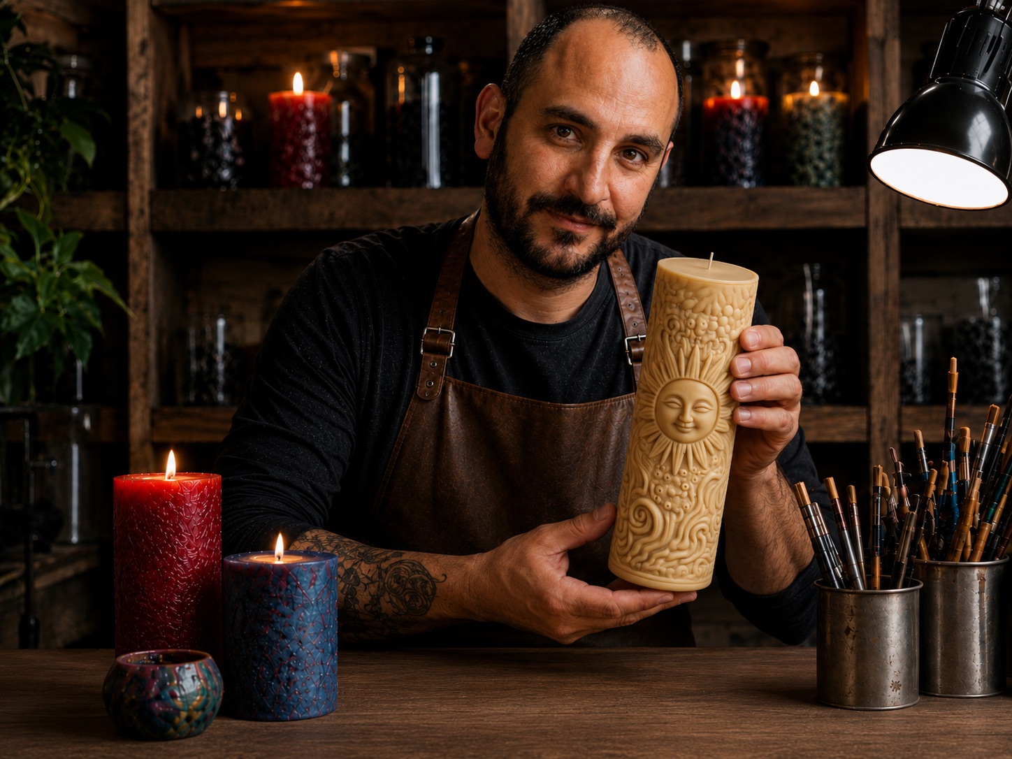 Arian Karami sculpting a Titan candle in his Vancouver studio